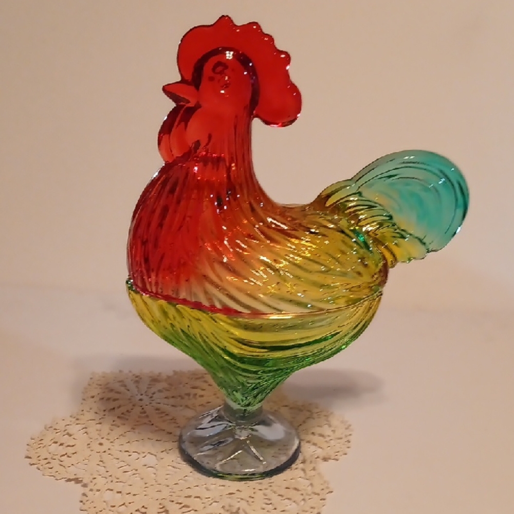Vintage Inspired Vibrant Glass Rooster In The Hen On Nest Style